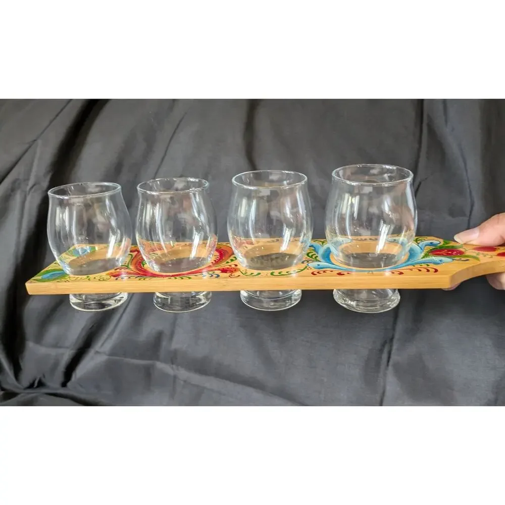Hand Painted Wood Shot Glass Flight Boards Set of 2 Folk Art Rosemaling style